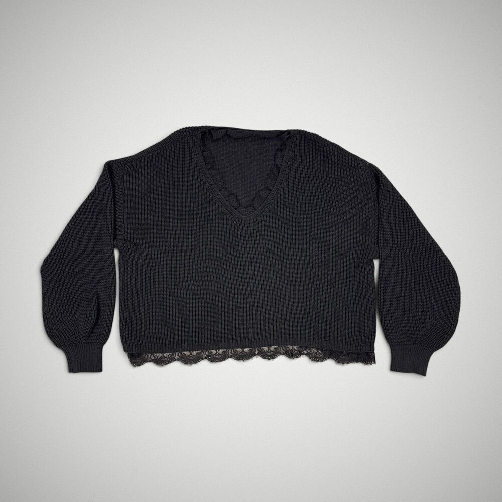 Cider Black Ribbed Knit Cropped Sweater Lace Trim V-Neck Balloon Sleeve Size 3XL